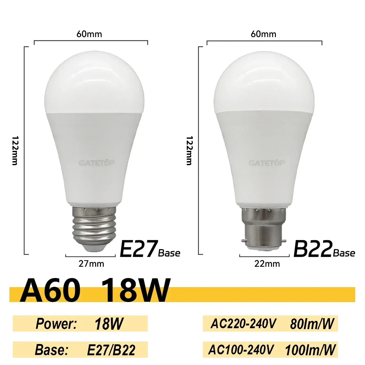 20PCS  Led Bulb Lamps A60 A80 E27 B22 AC120V AC220V Light 8W 18W 24W 3000K/4000K/6000K Lamps for Home Office Lighting Lampara