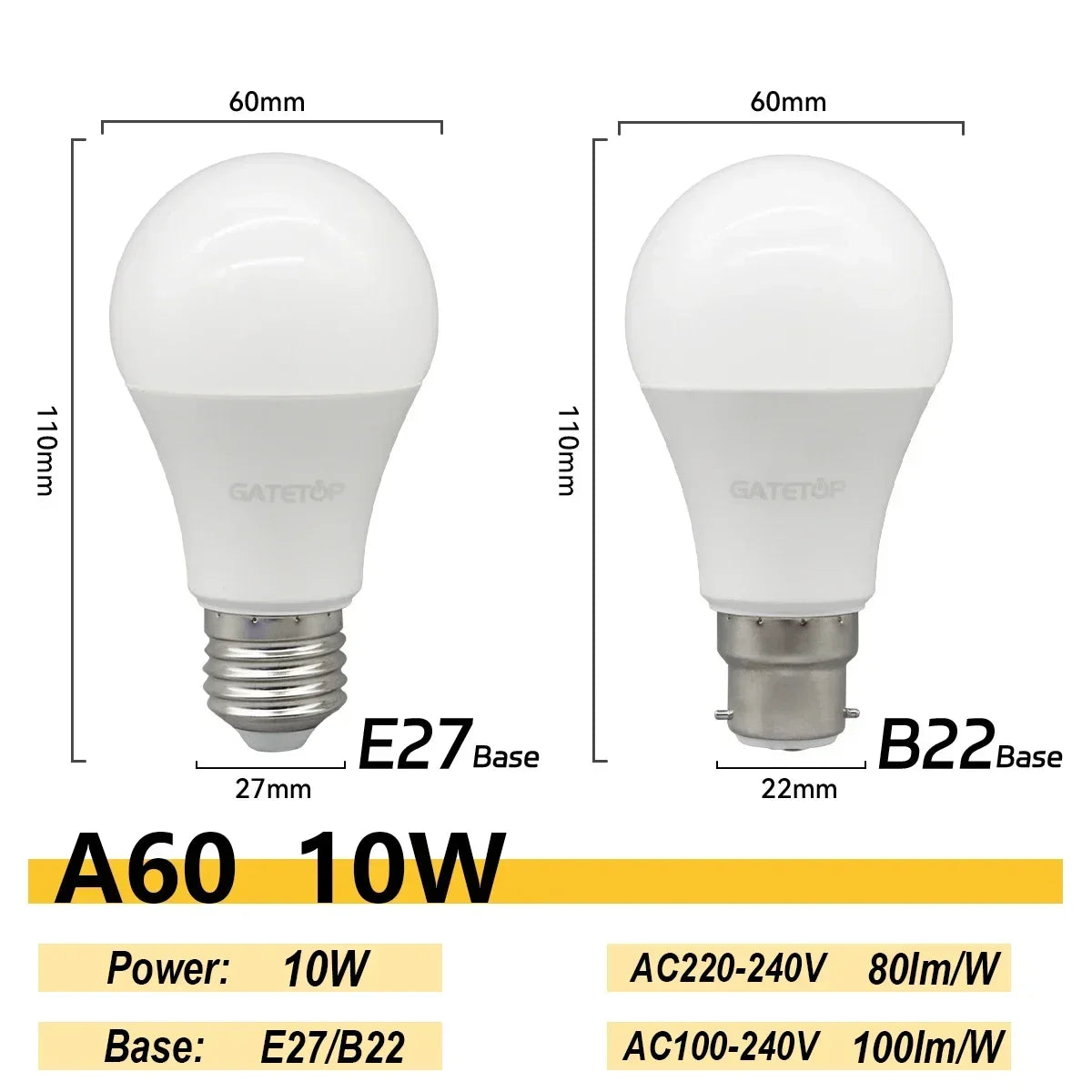 20PCS  Led Bulb Lamps A60 A80 E27 B22 AC120V AC220V Light 8W 18W 24W 3000K/4000K/6000K Lamps for Home Office Lighting Lampara