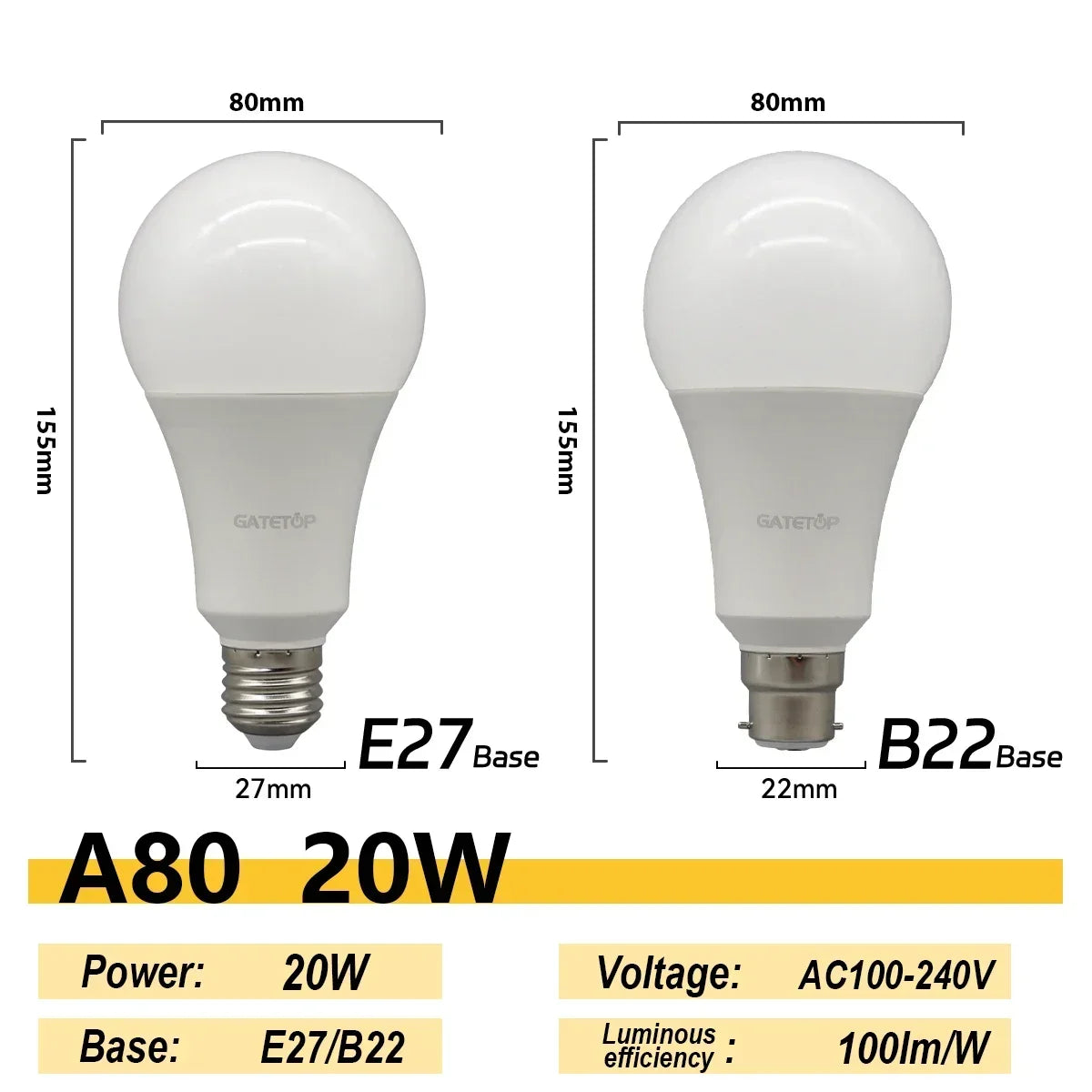 20PCS  Led Bulb Lamps A60 A80 E27 B22 AC120V AC220V Light 8W 18W 24W 3000K/4000K/6000K Lamps for Home Office Lighting Lampara