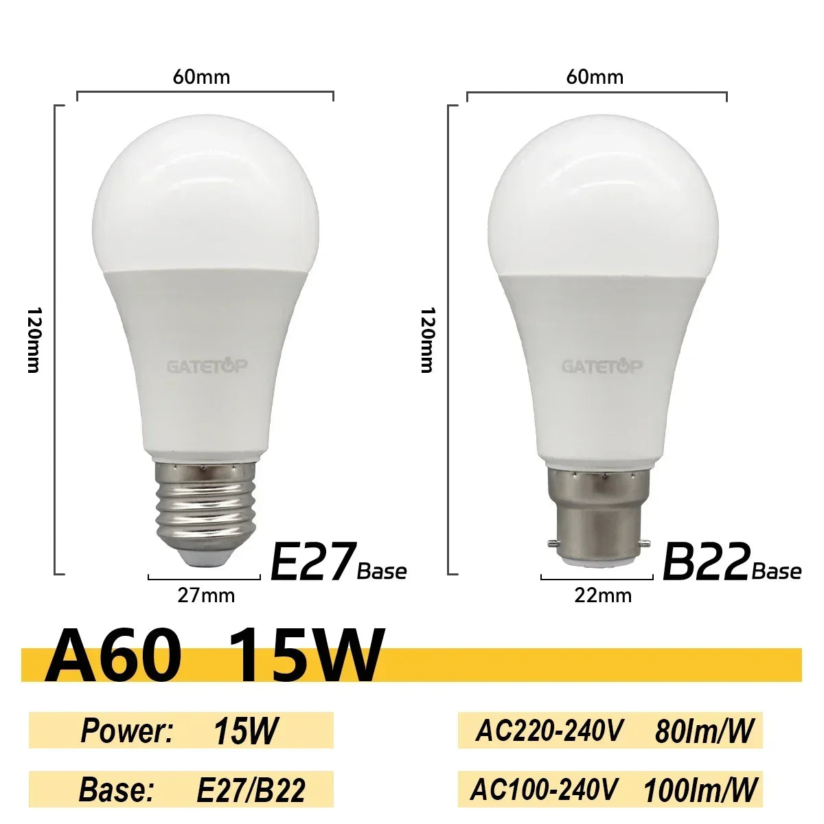 20PCS  Led Bulb Lamps A60 A80 E27 B22 AC120V AC220V Light 8W 18W 24W 3000K/4000K/6000K Lamps for Home Office Lighting Lampara