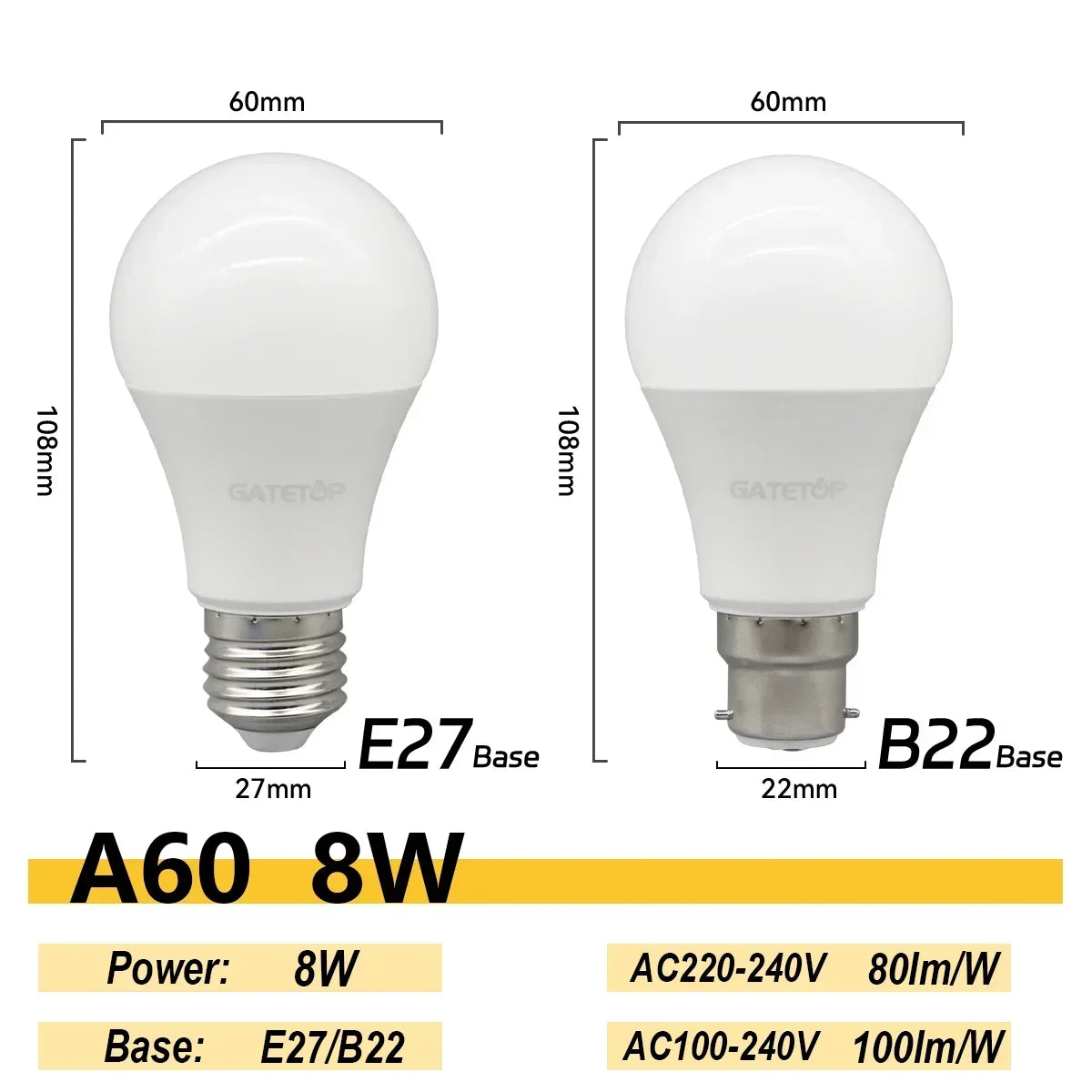 20PCS  Led Bulb Lamps A60 A80 E27 B22 AC120V AC220V Light 8W 18W 24W 3000K/4000K/6000K Lamps for Home Office Lighting Lampara