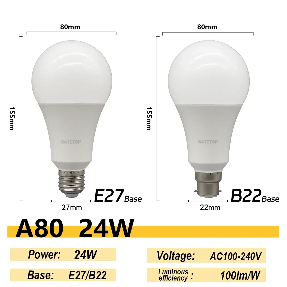 20PCS  Led Bulb Lamps A60 A80 E27 B22 AC120V AC220V Light 8W 18W 24W 3000K/4000K/6000K Lamps for Home Office Lighting Lampara